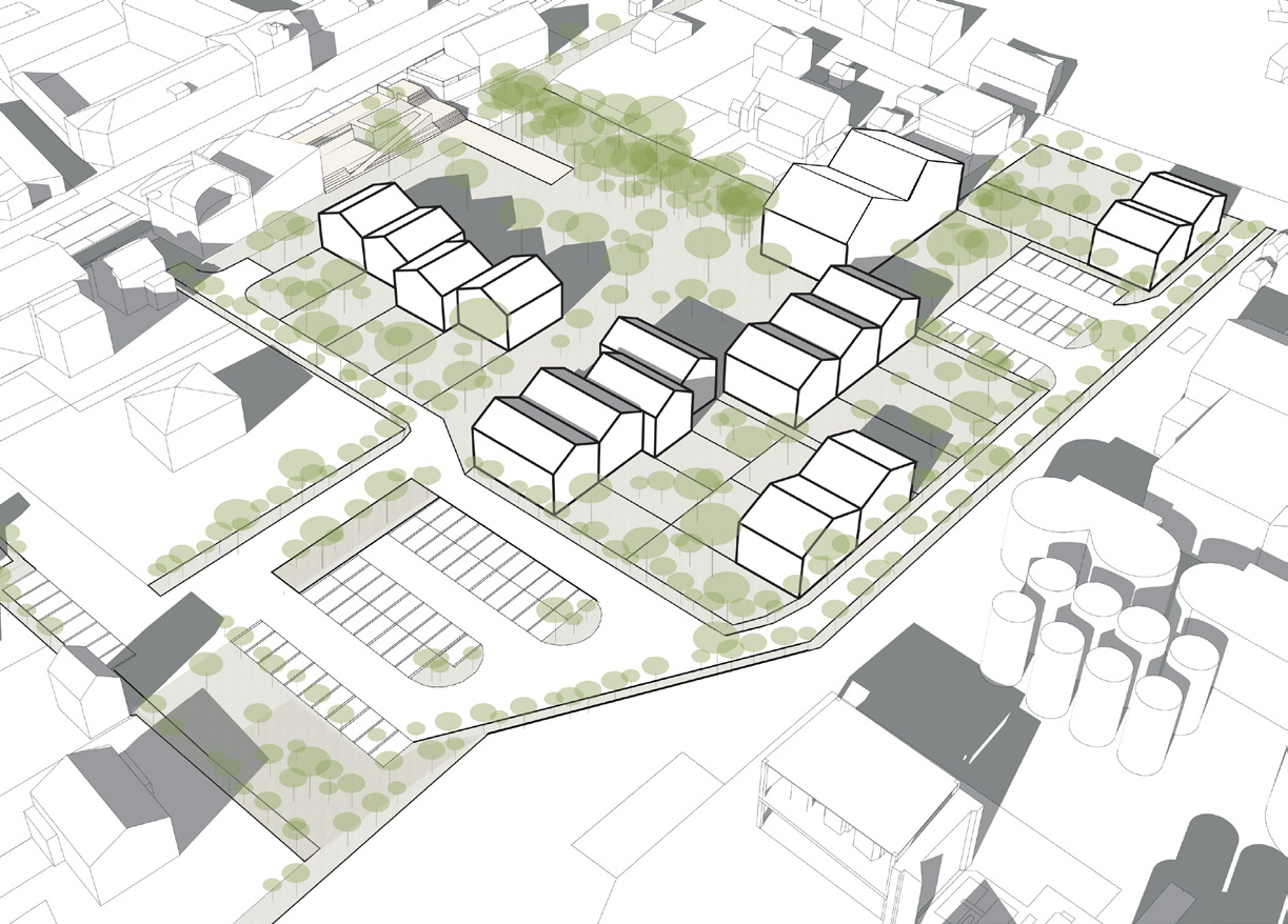 Vue axonométrique de l'éco-village du Pouget : logements diversifiés ouverts sur le centre, stationnement mutualisé et espaces plantés
